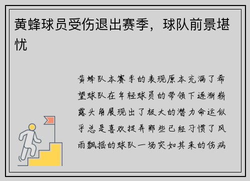 黄蜂球员受伤退出赛季，球队前景堪忧